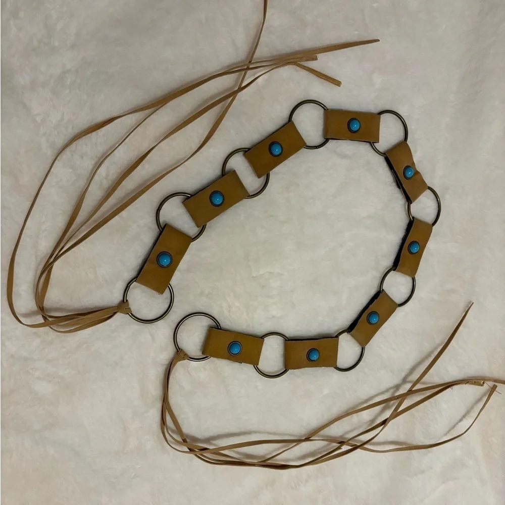 Women’s Tan Ring Belt with Turquoise Gems and Tie Waist